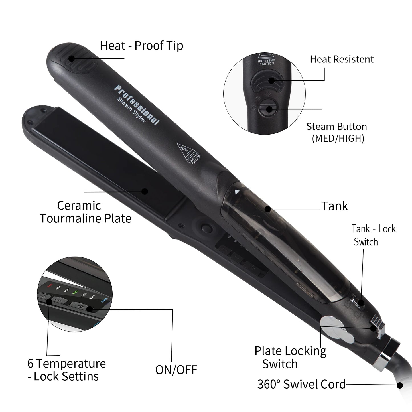 Ceramic Steam Hair Straightener 450°F Fast Heating - Vivian