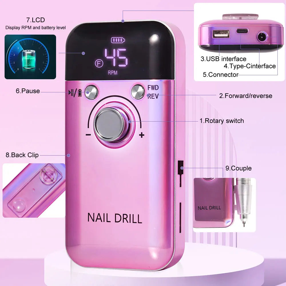 Portable Rechargeable Nail File. 45000 RPM